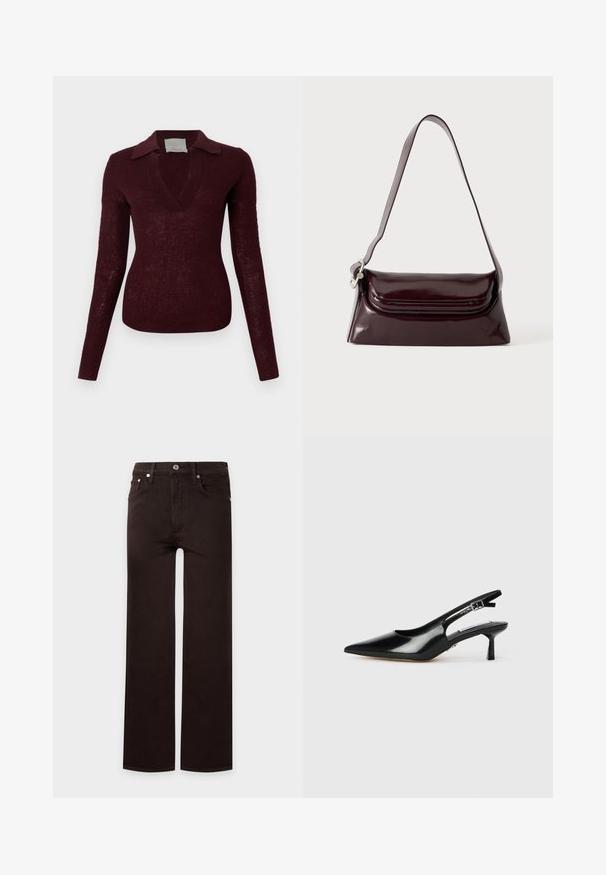 Pull en maille bordeaux foncé à manches longues, col en V large et col plat, silhouette ajustée sur fond blanc.; Jean noir à coupe droite avec fermeture par bouton et zip, passants de ceinture, poches avant et arrière sur fond uni.; Escarpins à talons slingback en cuir verni noir avec un bout pointu, un talon fin et une sangle réglable. Texture lisse avec un détail minimal.; Sac à bandoulière en cuir bordeaux foncé avec fermeture à rabat et une fine sangle réglable, présenté sur un fond clair uni.
