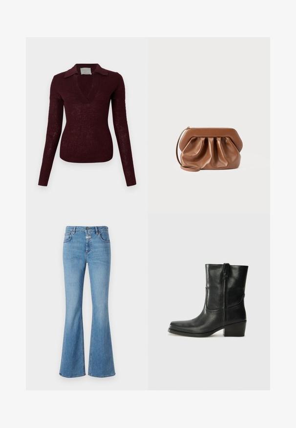 Langærmet, dyb bordeauxfarvet strikket sweater med bred V-hals og flad krave, tætsiddende silhuet mod en hvid baggrund.; CLOSED JOVANNA - Jeans Bootcut - light blue; Sort læder ankelstøvle med rundt tå, blokhæl, lynlås i siden og stikninger på vampsiden. Glat tekstur, klassisk design.; Brun læderclutch med rynket detalje, struktureret ramme, håndledsrem og gyldent lynlås på en ensartet lys baggrund.