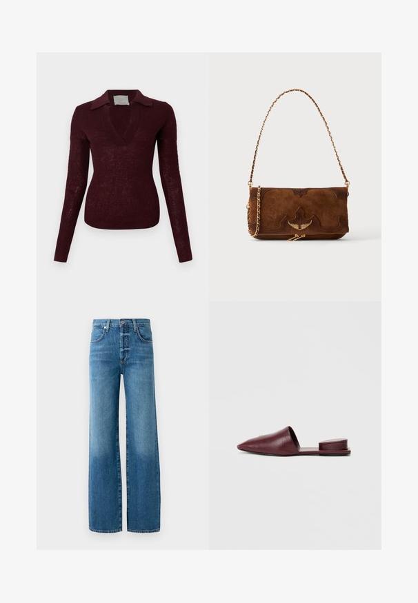 Pikad varrukad, sügav burgundiapunane kootud kampsun, lai V-kaelusega ja lameda kraega, keha järgi istuv siluett valgel taustal.; Laiad sääred teksad helesinisest denimist. Omavad nööpletit, vöökonte ja kontrastset õmblust. Kanga peal on tuhmumise efekt.; Burgundia nahast libisevad muulad, millel on terav nina, avatud tagaosa ja pehme kand. Sujuv tekstuur ja minimalistlik disain.; Pruun sametnaha ja naha õlakott kuldkettide rihma ja tiivaemblemiga esi klapp vastu lihtsat hele tausta.
