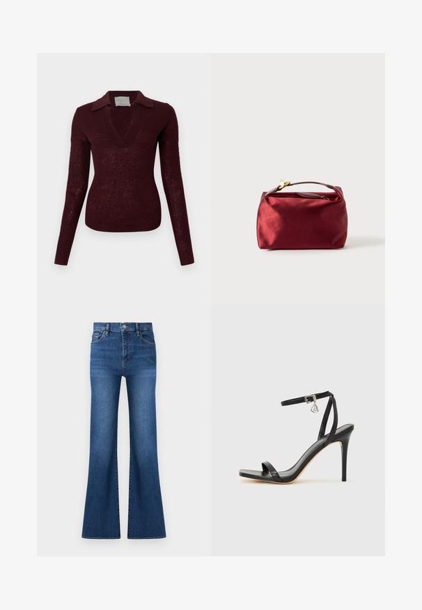 Pull en maille bordeaux foncé à manches longues, col en V large et col plat, silhouette ajustée sur fond blanc.; Jean en denim bleu taille haute avec fermeture à boutons, poches avant, et jambes larges légèrement évasées sur fond blanc.; Sandale à talon haut noire avec une bride étroite à la cheville, bout carré, cuir lisse et accent de boucle métallique.; Trousse de maquillage en satin bourgogne de forme rectangulaire, avec fermeture éclair et une poignée courte. Présente un design minimaliste et une texture lisse.