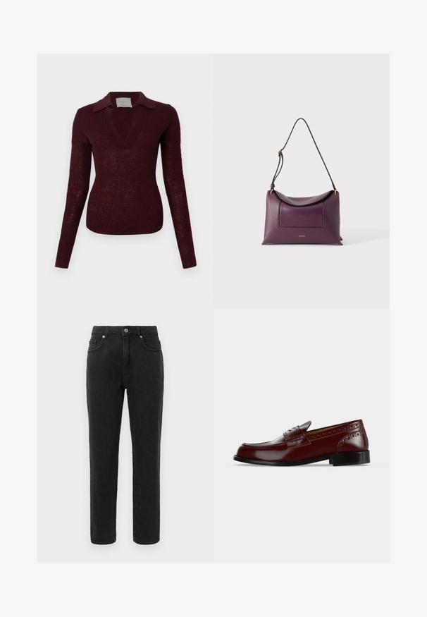 Pull en maille bordeaux foncé à manches longues, col en V large et col plat, silhouette ajustée sur fond blanc.; Jean en denim noir avec une coupe droite, style à cinq poches standard et une fermeture à boutons. Présente des détails de couture subtils.; Mocassin en cuir bordeaux avec des détails brogue et une semelle noire, montré de profil sur un fond uni.; Sac à bandoulière en cuir texturé violet avec rabat incurvé et bandoulière noire réglable sur un fond clair uni.