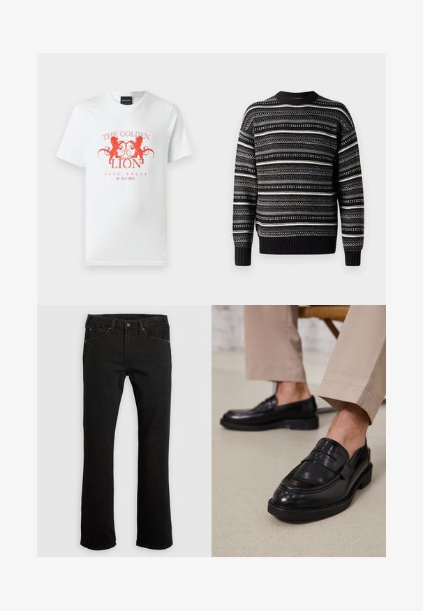 Suéter de punto negro y gris con un patrón a rayas que presenta texturas variadas y acentos blancos. Cuello y puños acanalados.; Camiseta de algodón blanca con un estampado gráfico rojo de dos leones y el texto "THE GOLDEN LION FREE HOUSE" en un diseño circular. Mangas cortas.; Pantalones vaqueros negros de mezclilla con diseño de pierna recta, cinco bolsillos, detalles de herrajes de cobre y trabillas para cinturón. Textura de tela lisa sin patrones.; Mocasines de cuero negro con un acabado suave, que cuentan con una correa decorativa y costuras en contraste, combinados con pantalones beiges.