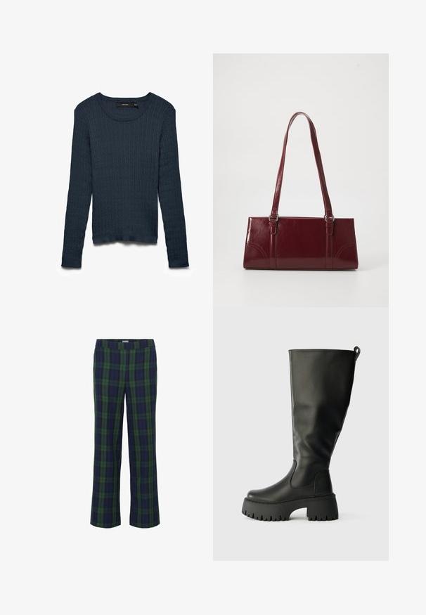 Marineblå strikket sweater med lange ærmer, rund halsudskæring og tekstureret mønster. Har ribstrikkede manchetter og kant for et tætsiddende look.; Grønne og marineblå ternede bukser med lige ben-design og elastisk talje. Stoffet har en blød tekstur og prydes af et klassisk ternet mønster.; Knæhøje sorte gummistøvler med en kraftig sål, glat overflade og en slip-on rem bagpå for nem påtagning. Rund tå-design.; Bordeaux håndtaske lavet af glansfuldt materiale, rektangulær form, med to skulderremme og subtile buede detaljer på forsiden.