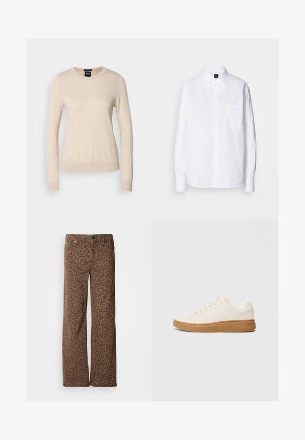 BOSS FERPINA - Striktrøje - light beige; Hvid skjorte med knapper lavet af bomuld, med klassisk krave, lange ærmer, en brystlomme og en glat, sprød tekstur.; Brune bredbenede bukser med et sort leopardprintmønster, lavet af et blødt stof med en glat tekstur og klassisk knaplukning.; Hvide lærreds sneakers med en gummisål i karamel. Rund tå, snørebåndslukning og syninger langs sålen for ekstra detalje.