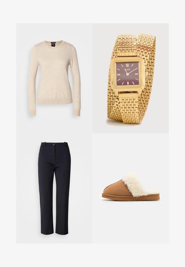 BOSS FERPINA - Neule - light beige; Sotilasnavy siniset housut suoran lahkeen muotoilulla, valmistettu sileästä kankaasta. Ominaisuuksina etutaskut ja nappikiinnitys vyötäröllä.; Ruske suede slippersit, joissa on valkoinen tekoturkisreuna, suljettu kärki, litteä pohja ja näkyvät ompelut yksityiskohdat reunojen ympärillä.; Kulta sävyinen rannekello, jossa on neliömäinen kuori, purppuranvärinen kellotaulu, kultaiset tuntimerkit ja joustava verkko-ranneke. Ominaisuus on yksinkertainen ja siisti muotoilu.