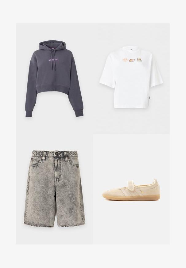 Sweat à capuche court gris foncé avec manches longues, capuche avant réglable par cordon et petit texte graphique violet sur la poitrine.; T-shirt blanc oversize à manches courtes avec trois petits logos colorés sur la poitrine, y compris New Balance et des designs sur le thème du marathon.; Short en denim gris délavé acidulé, taille haute, avec bouton à l'avant, fermeture éclair, passants de ceinture et deux poches avant sur fond blanc.; Baskets Mary Jane en daim beige avec sangle auto-agrippante, semelle en gomme, trois bandes cousues et marquage doré "SAMBA" sur le côté.