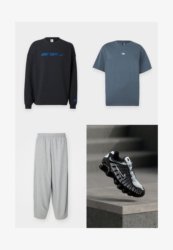 Sort sweatshirt lavet af blødt stof med blå "JUST DO IT." tekst og Nike-logo på brystet og ærmet. Klassisk rund hals.; Blå T-shirt med korte ærmer og rund halsudskæring, med lille hvidt 'The North Face' logo centreret på brystet.; Lys grå, løstsiddende sweatpants lavet af blød stof. Elastisk talje og manchetter ved anklerne. Enkel og udekoreret design.; Sort og hvid Nike løbesko svævende over en betonoverflade med en trappet stens baggrund.
