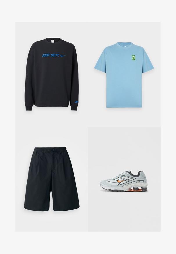Sort sweatshirt lavet af blødt stof med blå "JUST DO IT." tekst og Nike-logo på brystet og ærmet. Klassisk rund hals.; Lyseblå bomulds-T-shirt med rund hals og korte ærmer, med et grønt tegneserie-logo-patch på venstre bryst.; Sorte shorts med elastisk talje og justerbar snor. Lavet af et glat stof, med en løs pasform og uden synlige mønstre.; Lyst grå løbesko med sorte detaljer, orange logo, mesh-overdel, polstret krave og gummisål med synlige stødabsorberende enheder.
