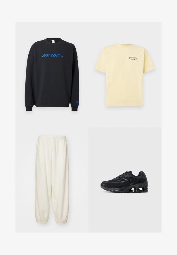 Sudadera negra de tela suave con texto azul "JUST DO IT." y logo de Nike en el pecho y la manga. Diseño clásico de cuello redondo.; Camiseta de algodón amarilla con mangas cortas y cuello redondo, que presenta un logo gráfico impreso en la parte izquierda del pecho.; Pantalones de chándal color crema hechos de una tela suave, con una cintura elástica y puños ajustados, de ajuste relajado y sin patrones visibles.; Zapatilla deportiva negra con parte superior de malla, cuello acolchado y tecnología de amortiguación prominente en el talón. Presenta detalles texturizados y cordones.