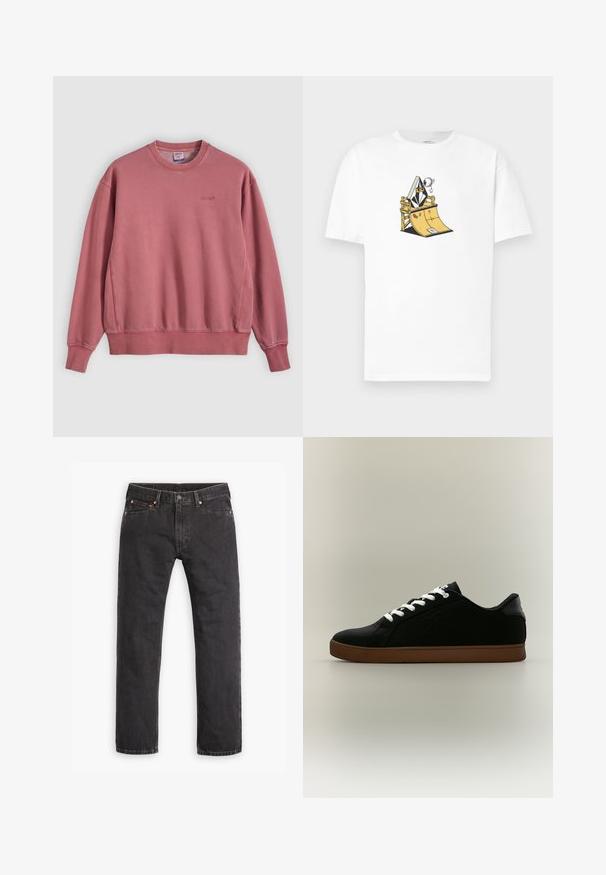 Sweat-shirt rose en coton doux, doté d'un col rond, de manches longues et d'un logo discret sur la poitrine. Texture lisse.; T-shirt en coton blanc avec une illustration graphique d'un tremplin de skate et un personnage en costume, souligné de détails noirs et jaunes.; Jeans en denim noirs à jambes droites avec cinq poches, fermeture à bouton et rivets cuivrés, posés à plat sur un fond blanc.; Baskets basses noires avec lacets blancs et semelle marron, vues de côté gauche sur fond beige neutre.