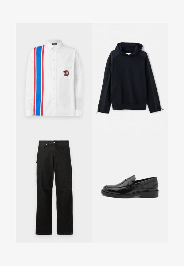 Pier One Sweatshirt - black; Chemise blanche à boutons avec un motif rayé bleu et rouge d'un côté et un patch de casque brodé noir sur la poche poitrine.; Pantalons en denim noir avec une coupe droite, dotés de poches avant, d'un zip à bouton et de quincaillerie minimale pour un look épuré.; Mocassins en cuir noir avec une finition lisse, un bout rond, un petit talon et descoutures décoratives à l'avant. Semelle en caoutchouc pour l'adhérence.