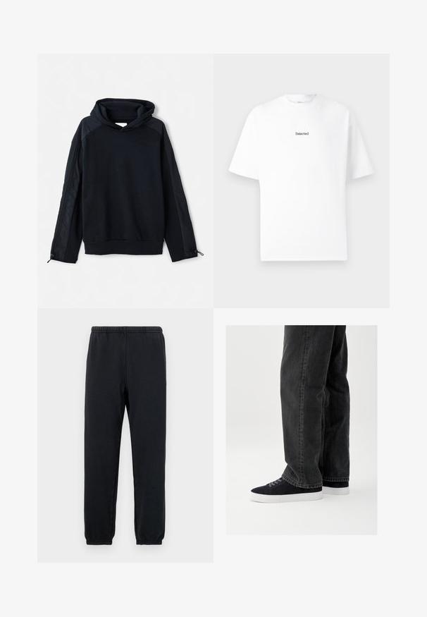Pier One Pusa - black; Valge puuvillane t-särk lühikeste varrukatega ja ümar kaelus, millel on rinnal väike must õmmeldud logo "Selected".; Mustad mustad püksid elastse vöökohtaga ja kitsenevate säärtega; valmistatud pehmest, venivast kangast, minimalistliku disainiga, ilma mustriteta.; Mustad teksade püksid lõdva lõikega, kombineeritud tumesiniste seemisnahast tossudega, millel on valged kummipõhjaga ja mustad paelad. Lihtne ja kaasaegne disain.