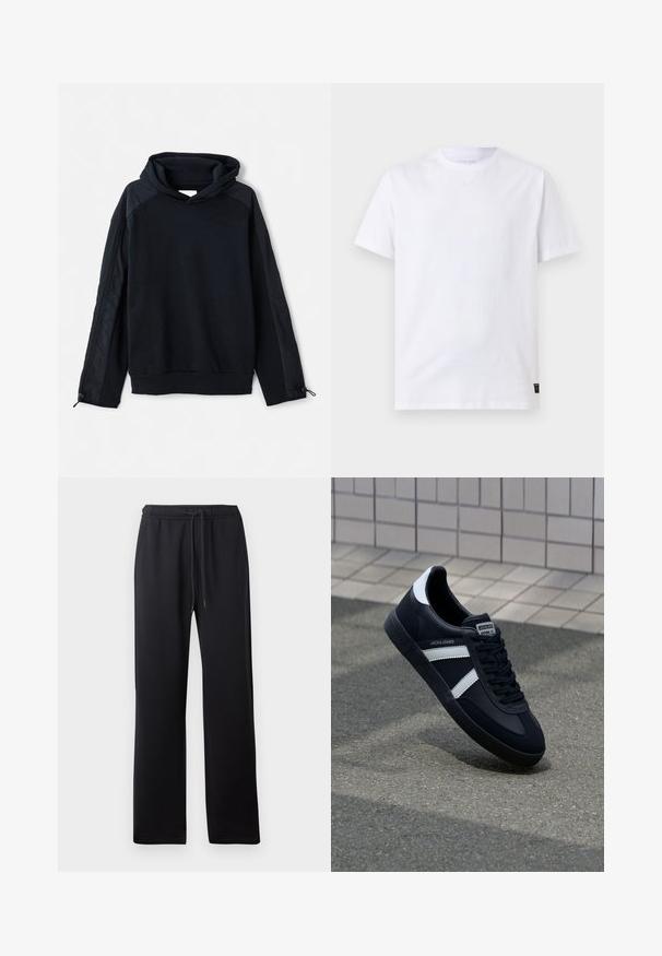 Pier One Sweatshirt - black; Simpel hvid T-shirt med korte ærmer og rund halsudskæring med en lille sort vaskeanvisningslabel nederst i sømmen på en lysegrå baggrund.; Abercrombie & Fitch ESSENTIAL BAGGY OPEN HEM CASUAL - Træningsbukser - black; Sort lædersneaker med hvide striber, tekstureret gummisål og snørrebånd foran. Har et brandet mærke på tungen.