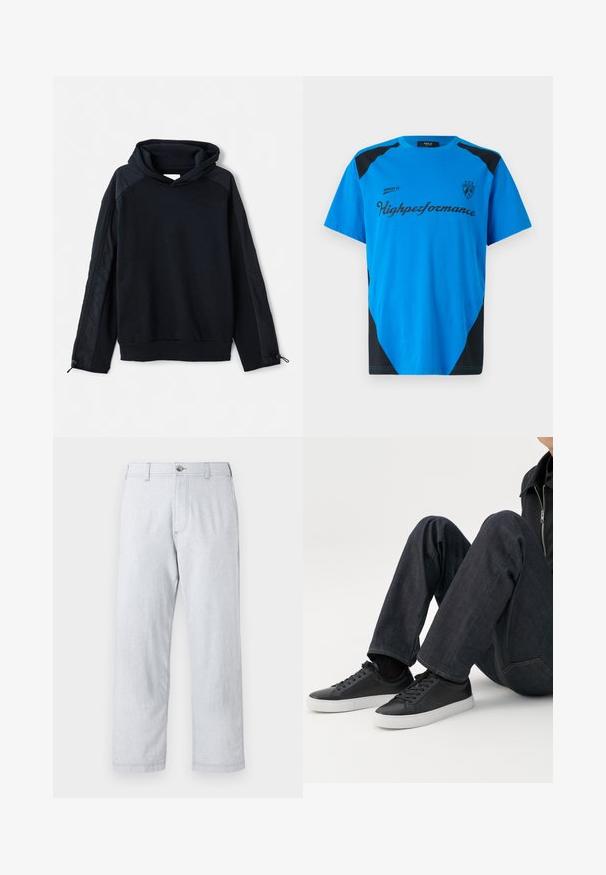 Pier One by Zalando Pusa - black; Replay SHORT SLEEVE GRAPHIC - Trükipildiga T-särk - azzurro; Heledad hallhall, sirgedega pükste valmistamiseks kasutatud tekstureeritud kangast. Omab esist nuppude sulgemist ja vööriide silmuseid. Ei ole nähtavaid mustreid ega aksessuaare.; Isik istub jalgade kõverdatud asendis, kandes tumedat sinist teksapükse ja musti madala säärega tossusid valgete talladega valgel taustal.