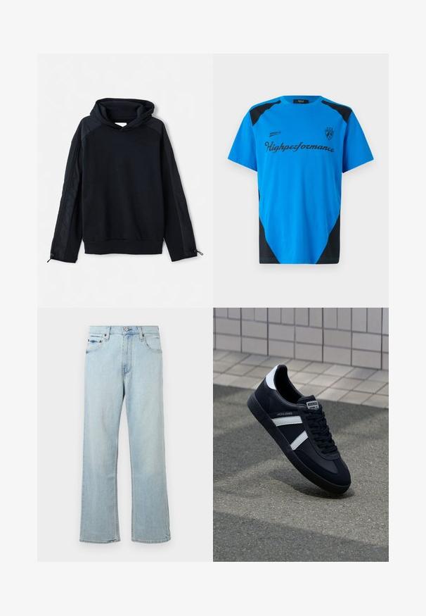 Pier One Pusa - black; Replay SHORT SLEEVE GRAPHIC - Trükipildiga T-särk - azzurro; Hele sinine denim teksad, millel on lahtine ja lai jalg. Omab viit taskut, vöökohti ja lukuga pihakuulidega.; Must have musta sneaker musta valgete triipudega, tekstuurne kummitald ja nööridega esiosa. Omab bränditud märki keele peal.