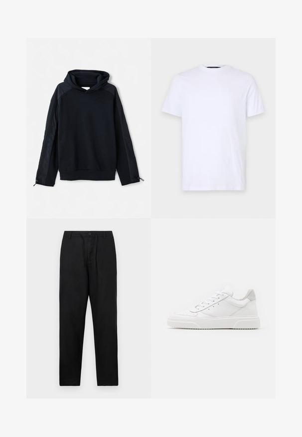 Pier One Sweatshirt - black; Hvid bomulds T-shirt med korte ærmer, rund halsudskæring, med et diskret præget logo på venstre bryst, glat tekstur.; Sorte linnedbukser med lige pasform, som har en knaplukning, justerbar snor og ingen synlige mønstre eller detaljer.; Hvide lædersneakers med en glat finish, rund tå, flade snørebånd og en struktureret sål. Grå ruskindsdetalje ved hælen.