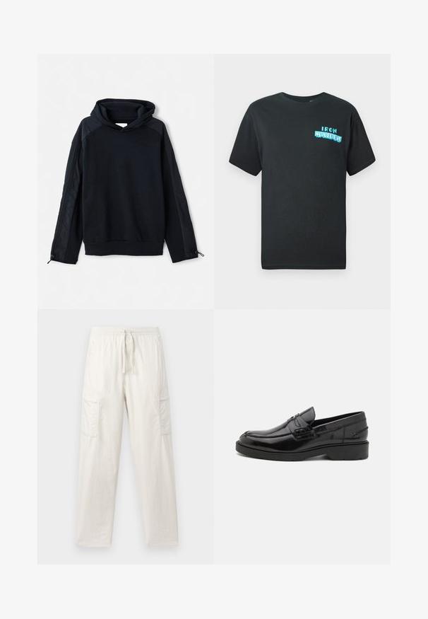 Pier One Sweatshirt - black; Schwarzes Baumwoll-T-Shirt mit kurzen Ärmeln, das auf der Vorderseite ein blaues Grafikdesign mit dem Schriftzug "IRON MAIDEN" in stilisierten Buchstaben zeigt.; Hellebeige Cargo-Hosen aus Baumwollmischung; mit elastischem Bund, Kordelzug und zwei seitlichen Taschen für zusätzlichen Nutzen.; Schwarze Lederloafers mit glatter Oberfläche, abgerundetem Zehenbereich, niedrigem Absatz und dekorativer Naht entlang der Vorderseite. Gummisohle für guten Halt.