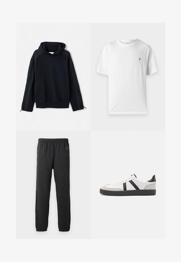 Pier One Pusa - black; Valge puuvillane T-särk ümmarguse kaelusega, lühikeste varrukatega ja väikese musta logoga rinnal. Pehme tekstuur, casual sobivus.; Hallid hallid dressid pehmest kangast, millel on elastne vöökoht ja kitsenevad sääred elastsete mansettidega. Ühel säärel on diskreetne logo.; Valged tossud mustade ja hallide aktsentidega, tekstureeritud halli varbakattega, musta kummitald ja lamedad valged paelad. Puhtad jooned, minimalistlik stiil.