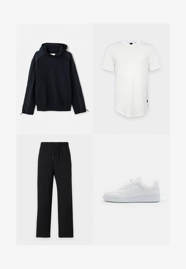 Pier One Sweatshirt - black; T-shirt blanc à manches courtes en coton, avec un col rond et un dos légèrement allongé, arborant un petit logo sur le côté.; Jack & Jones JPSTKANE JJCHARGE UNCUFFED - Pantalon de survêtement - black; Baskets blanches en matière synthétique lisse, avec des lacets plats, une pointe perforée et une semelle en caoutchouc dotée d'un motif de grip texturé.