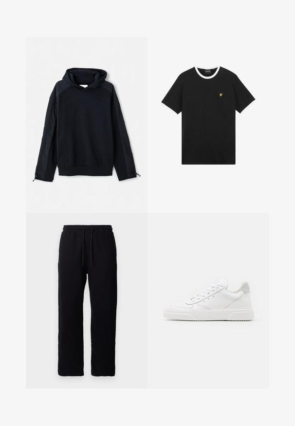 Pier One by Zalando Sweatshirt - black; Sort T-shirt med hvid krave og ærmekanter, lavet af bomuld. Har en lille gul broderet ørnelogo på brystet.; Sorte sweatpants lavet af bomuld, med elastisk talje og snore, lige ben design, og uden synlige mønstre eller detaljer.; Hvide lædersneakers med en glat finish, rund tå, flade snørebånd og en struktureret sål. Grå ruskindsdetalje ved hælen.