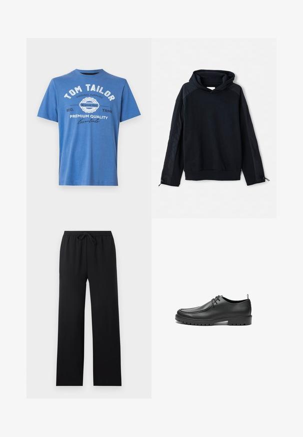 Pier One Sweatshirt - black; Blaue kurzärmlige T-Shirt aus Baumwolle. Mit bedrucktem Text "TOM TAILOR" und Logo. Klassischer Rundhalsausschnitt und gerader Saum.; Schwarze locker sitzende Hose mit elastischem Bund und vorderem Kordelzug, gerade Beine, schlichtes Design, auf neutralem Hintergrund dargestellt.; Schwarze Lederschuhe mit glatter Oberfläche, runder Zehenform und dekorativer Naht. Mit einer Gummisohle mit Traktionsrillen und Schnürdesign.