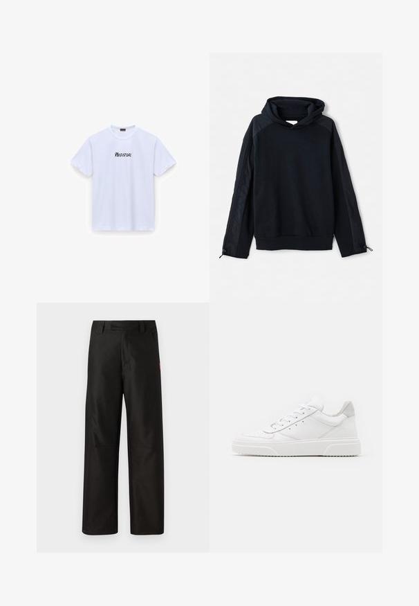 Pier One Mikina - black; Biela bavlnená tričko s krátkymi rukávmi, okrúhlym výstrihom, s čiernym štylizovaným textom "Wonderful" na prednej strane. Hladká textúra, štandardný strih.; Čierne široké nohavice vyrobené z hladkej látky, s plochým predným dielom, pútkami na opasok a dvoma bočnými vreckami. Červený logo značky zdobí stranu.; Biele kožené tenisky s hladkým povrchom, zaoblenou špičkou, plochými šnúrkami a textúrovanou podrážkou. Sivý semišový akcent na päte.