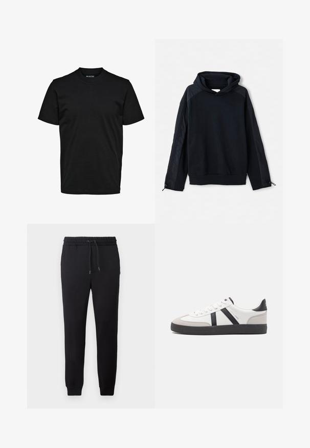 Pier One Pusa - black; Lihtne must lühikeste varrukatega t-särk ümara kaelusega, tavapärase lõikega, ilma nähtavate mustrite või logodeta.; Mustad mustelaundid, millel on nööriga elastne vöökoht, tihedad sääreotsad ja pehme kangas. Lihtne, minimalistlik disain ilma mustrite ja aktsentideta.; Valged tossud mustade ja hallide aktsentidega, tekstureeritud halli varbakattega, musta kummitald ja lamedad valged paelad. Puhtad jooned, minimalistlik stiil.