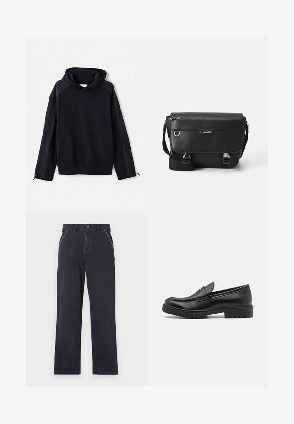 Pier One Sudadera - black; Pantalones de algodón azul marino con un diseño de pierna recta. Cuenta con bolsillos delanteros, cierre de botón y detalles de costura visibles.; Mocasines de cuero negro con punta redondeada, diseño sin cordones y suela de goma gruesa con agarre texturizado. Tacón elevado y detalles de costura sutiles.; Bolso mensajero Lacoste negro texturizado con correa ajustable, tapa frontal, bolsillo con cremallera y cierres de hebilla metálica.