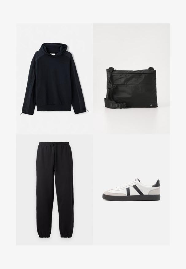 Pier One Sweatshirt - black; Sorte joggingbukser lavet af blødt stof, med elastisk talje og justerbar snor, samt manchetter ved bunden.; Hvide sneakers med sorte og grå detaljer, med en tekstureret grå tåhætte, sort gummisål og flade hvide snørebånd. Rent design, minimalistisk stil.; Sort nylon messenger-taske med justerbar rem, fladt design og et sideetiket med et logo. Glat tekstur og minimalistisk stil.