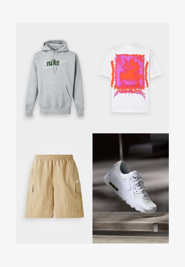 Φωτεινό γκρι φούτερ Nike με μπροστινή τσέπη, ρυθμιζόμενη κουκούλα με κορδόνι και πράσινο κεντημένο λογότυπο πάνω από λευκό σήμα Swoosh στο στήθος.; Λευκό κοντομάνικο T-shirt με φωτεινή ροζ και πορτοκαλί αφηρημένη ορθογώνια γραφική απεικόνιση και στυλιζαρισμένο κείμενο στο κάτω κέντρο μπροστά.; Μπεζ cargo σορτς με ελαστική μέση, μπροστινές τσέπες και μικρό λευκό λογότυπο Nike. Ελαφρύ ύφασμα με τσακισμένη υφή.; Λευκό αθλητικό παπούτσι Nike Air Max 90 με άνω μέρος από διχτυωτό και δερμάτινο υλικό, τρυπητό μπροστινό μέρος και ορατή μονάδα αέρα στη φτέρνα.