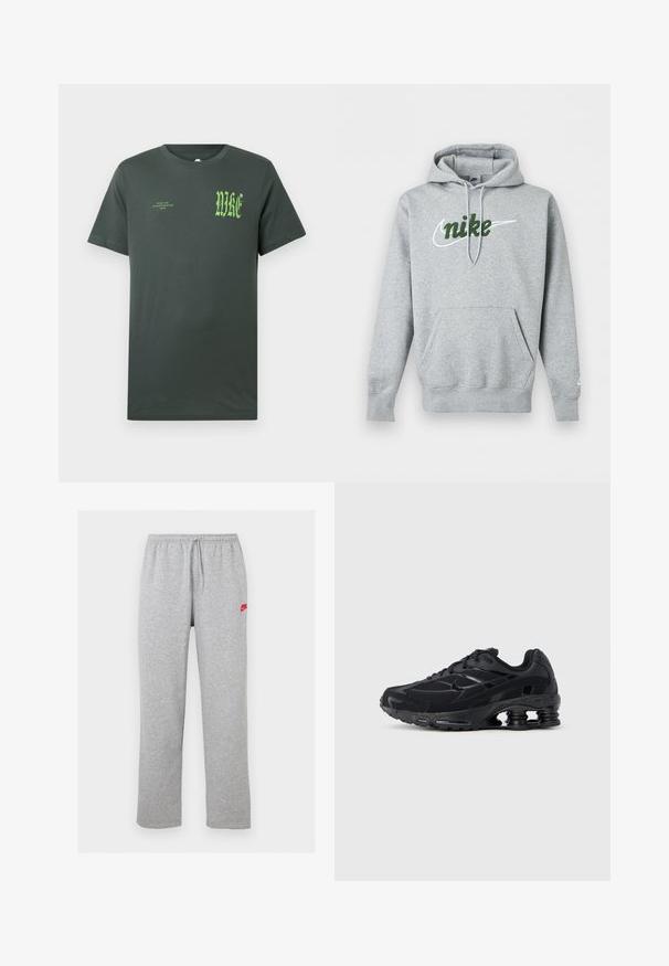 Φωτεινό γκρι φούτερ Nike με μπροστινή τσέπη, ρυθμιζόμενη κουκούλα με κορδόνι και πράσινο κεντημένο λογότυπο πάνω από λευκό σήμα Swoosh στο στήθος.; Σκούρο πράσινο βαμβακερό T-shirt με κοντά μανίκια. Στο μπροστινό μέρος υπάρχει μεγάλο πράσινο λογότυπο "NIKE" και μικρότερο κείμενο, κλασικός στρογγυλός γιακάς, λεία υφή.; Ανοιχτό γκρι φόρμες με ελαστική μέση και κορδόνι, με μικρό κόκκινο λογότυπο Nike στο πάνω αριστερό μηρό.; Μαύρο αθλητικό παπούτσι με επάνω μέρος από δίχτυ, επενδυμένο κολάρο και εμφανή τεχνολογία απορρόφησης κραδασμών στη φτέρνα. Διαθέτει υφασμένα διακοσμητικά στοιχεία και κορδόνια.