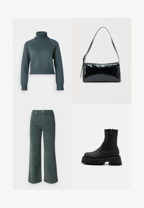 Vero Moda Petite VMMIRANDA - Svetrík - balsam green; Vero Moda Petite VMTESSA PANTS - Nohavice - balsam green; Čierne členkové čižmy vyrobené z matného syntetického materiálu, s bočným zipsom, masívnou platformou s jemne zúbkovanými okrajmi a zosilnenými švami.; Čierna obdĺžniková kabelka na rameno s jedným nastaviteľným remienkom a horným zipsom na jednofarebnom pozadí.
