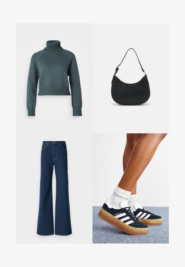 Vero Moda Petite VMMIRANDA - Strickpullover - balsam green; Abercrombie & Fitch Jeans Relaxed Fit - rinse; Beine mit weißen Socken und schwarzen Adidas Gazelle Sneakers mit weißen Streifen und dicken braunen Sohlen auf einem grauen Teppichboden.; Schwarze Hobo-Tasche aus glattem Leder mit einer geschwungenen Silhouette, ausgestattet mit einem einzelnen verstellbaren Trageriemen und minimalistischem Design.