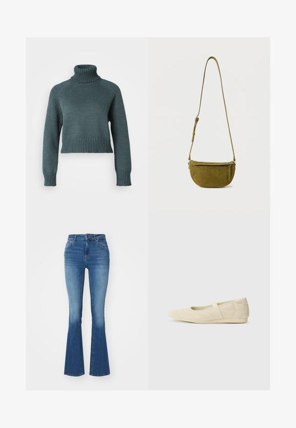 Vero Moda Petite VMMIRANDA - Svetrík - balsam green; Džínsy s vysokým pásom a rozšírenými nohavicami v svetlom modrom denime, so hladkou textúrou, zapínaním na zips s gombíkom a dvoma prednými vreckami.; Béžové baletky s hladkým koženým povrchom, mandľovým tvarom špičky a elastickým pásikom cez priehlavok, so subtílnymi švovými detailmi.; Zelená olivová semišová taška cez rameno s nastaviteľným popruhom a vreckom na zips na prednej strane na jednoduchom bielom pozadí.