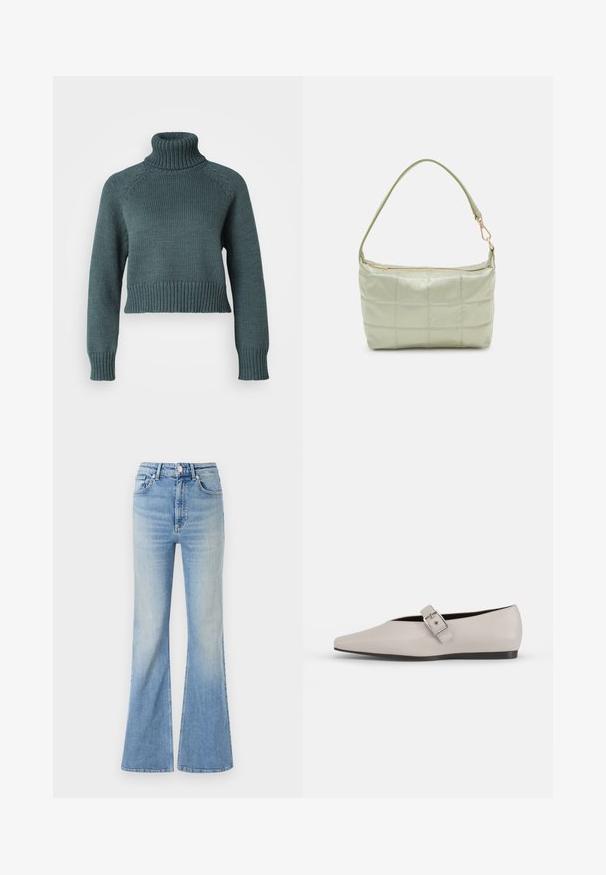 Vero Moda Petite VMMIRANDA - Svetrík - balsam green; Svetlomodré rozšírené džínsy vyrobené z denimu, s vysokým pásom, päťpokladňovým dizajnom a jemným gradientným vyblednutím smerom k spodnému okraju.; Béžová kožená plochá obuv s špicatou špičkou, bočným prackovým akcentom a nízkou čiernou podrážkou. Hladká textura a minimalistický dizajn.; Polstrovaná zelená ramenná taška s mäkkou textúrou, obdĺžnikovým tvarom, jedným popruhom a zlatou zipsovou uzáverou. Obsahuje prešívaný vzor.