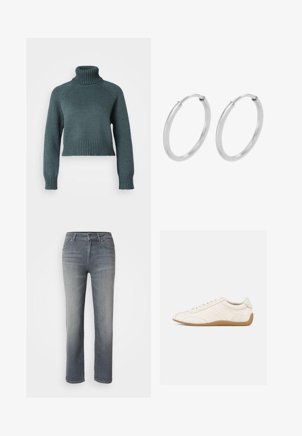 Vero Moda Petite VMMIRANDA - Svetrík - balsam green; Sivé džíny z denimu so strihom rovného nohavice, dizajnom s piatimi vreckami, zapínaním na gombík a zips, a s jemne vyblednutým povrchom.; Biele kožené tenisky s hladkou textúrou, zaoblenou špičkou a tónovaným šitím. Majú hnedú gumovú podrážku a šnurovacie zapínanie.; Strieborné kruhové náušnice, oblého tvaru, hladký lesklý povrch a rovnomerná šírka po celom obvode. Minimalistický dizajn bez ďalších akcentov.