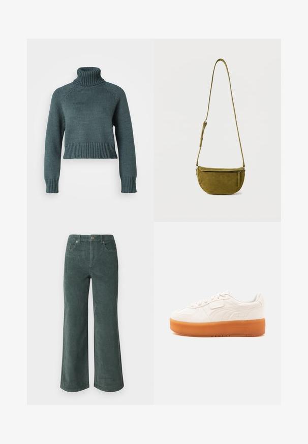 Vero Moda Petite VMMIRANDA - Πουλόβερ - balsam green; Vero Moda Petite VMTESSA PANTS - Παντελόνι - balsam green; Λευκό αθλητικό παπούτσι χαμηλού τύπου με κορδόνια και κλείσιμο με βέλκρο, με παχιά ανοιχτόκαφέ σόλα και διακριτικές ραφές στο πλάι.; Τσάντα χιαστί από σουέτ σε ελιά πράσινη απόχρωση, με ρυθμιζόμενο ιμάντα και φερμουάρ στην μπροστινή τσέπη, σε απλό λευκό φόντο.