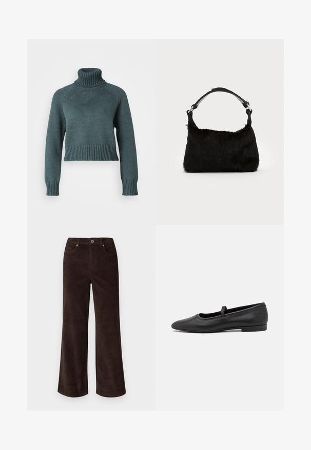 Vero Moda Petite VMMIRANDA - Striktrøje - balsam green; Vero Moda Petite VMTESSA PANTS - Bukser - chocolate torte; Sorte ballet flade lavet af glatmælket læder, med en rund tå, et lille bånd henover toppen, og et minimalistisk design.; Sort faux fur håndtaske med en blød tekstur, rund form og en robust skulderrem i sort læder. Synlige sølvhardware-detaljer.