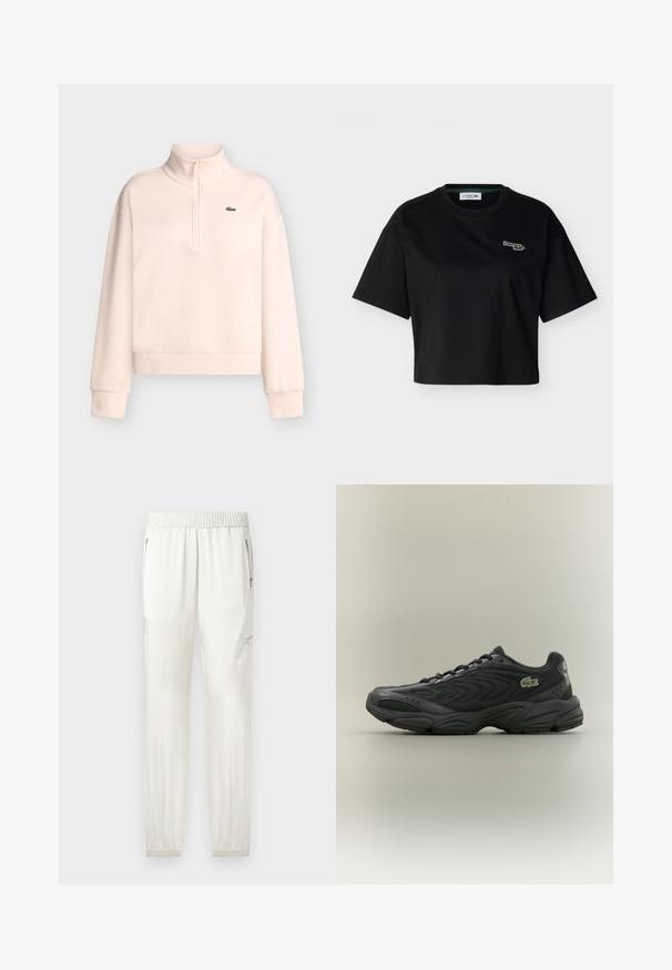 Lyserød langærmet sweatshirt med høj krave og lynlås samt et lille grønt krokodillelogo på venstre bryst.; Sort, kropsnær T-shirt med korte ærmer, rund halsudskæring og lille broderet Lacoste-logo på venstre bryst.; Lyscremede joggers med elastisk talje, tætsiddende manchetter, sidelommer og lynlåsdetaljer. Glat, let skinnende stoffinish.; Sort træningssko med en struktureret overdel, bølget design og polstret krave. Har en gummisål og et lille grønt logo på siden.