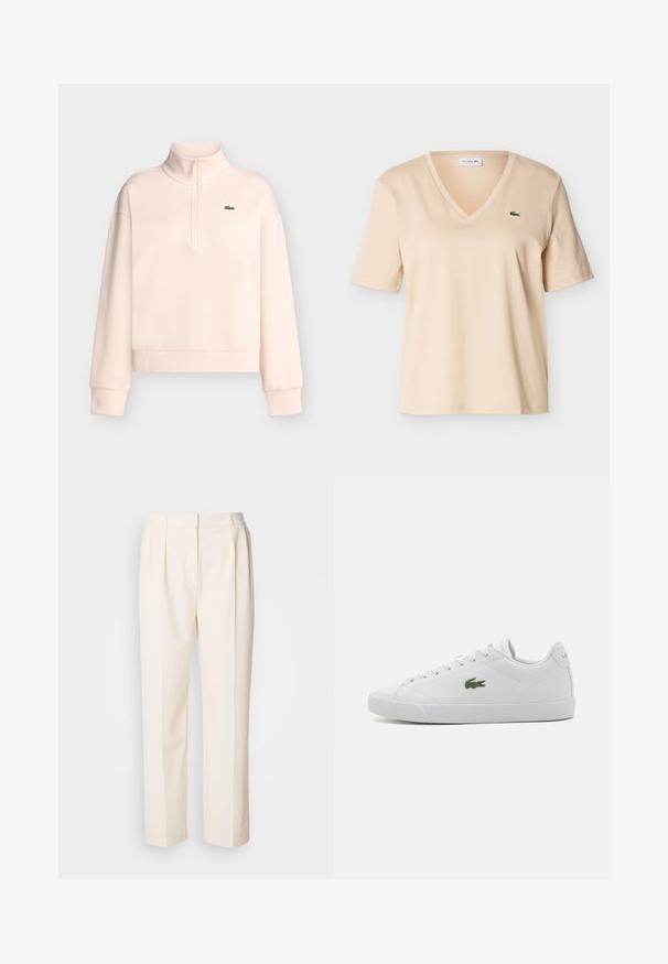 Lyserød langærmet sweatshirt med høj krave og lynlås samt et lille grønt krokodillelogo på venstre bryst.; Beige V-hals T-shirt med korte ærmer og lille grønt krokodillelogo på venstre bryst, vist mod en ensfarvet baggrund.; Lacoste Bukser - lapland; Hvide lædersneakers med rund tå, snøre-design, grøn broderet krokodille-logo og struktureret gummisål.