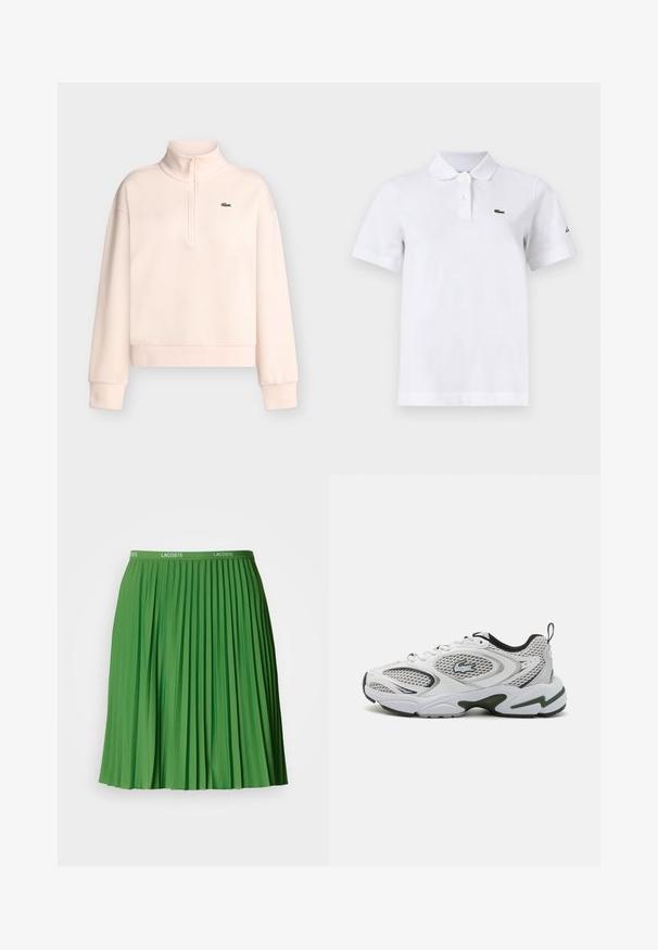 Sudadera rosa claro de manga larga con cremallera en el cuello alto y un pequeño logo verde de cocodrilo en el pecho izquierdo.; Camiseta polo blanca de manga corta con dos botones, un pequeño logotipo verde de cocodrilo en el pecho izquierdo y un sutil logotipo negro en la manga izquierda.; Falda verde plisada con una cintura elástica que lleva el logo de Lacoste. Está confeccionada en un material suave, presenta pliegues verticales definidos y un corte hasta la rodilla.; Zapatillas deportivas blancas con paneles de malla, acentos en negro y una suela texturizada. Presentan un diseño elegante y un logotipo prominente en el lateral.