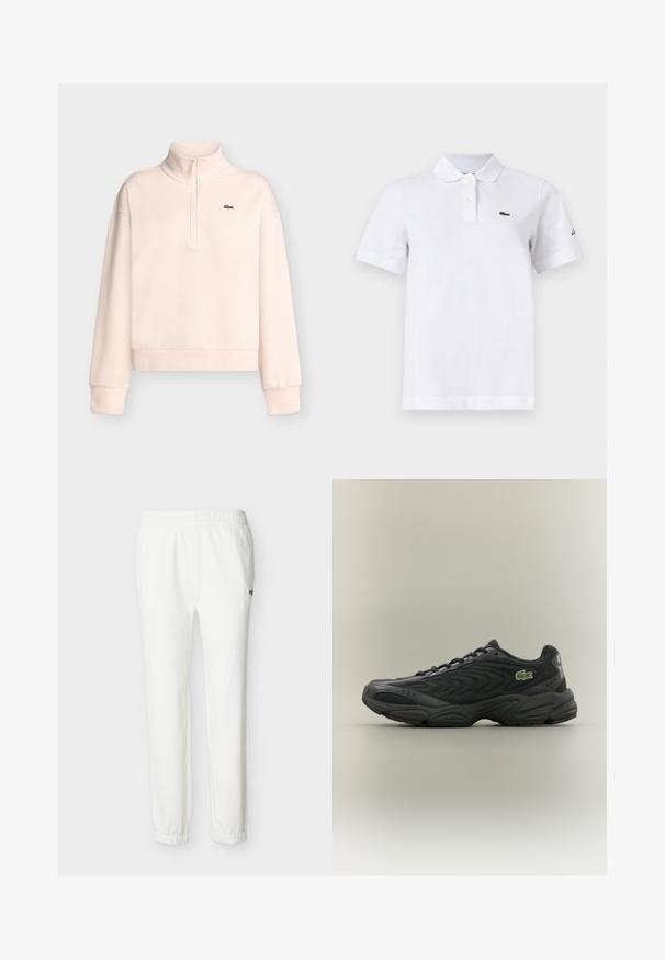 Lyserød langærmet sweatshirt med høj krave og lynlås samt et lille grønt krokodillelogo på venstre bryst.; Hvid polo-shirt med korte ærmer med to knapper, en lille grøn krokodille-logo på venstre bryst og et diskret sort logo på venstre ærme.; Hvide afslappede joggingbukser med elastisk taljebånd og manchetter, med lille broderet logo på øverste lår.; Sort træningssko med en struktureret overdel, bølget design og polstret krave. Har en gummisål og et lille grønt logo på siden.