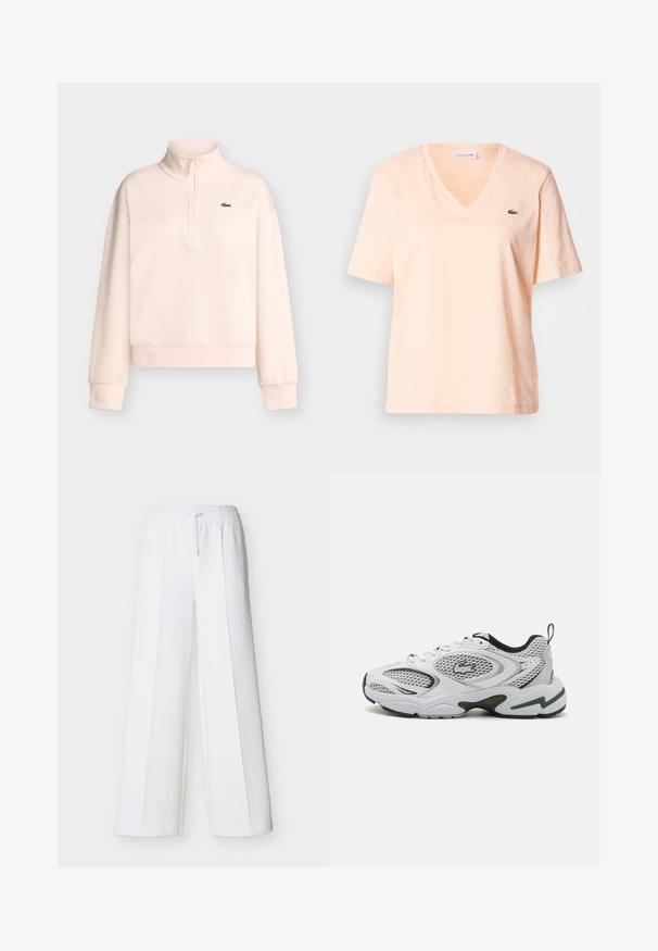 Lyserød langærmet sweatshirt med høj krave og lynlås samt et lille grønt krokodillelogo på venstre bryst.; Lyse ferskenfarvet v-hals t-shirt i bomuld med korte ærmer, med en lille grøn Lacoste-logo på venstre brystområde.; Hvide bukser med vide ben, elastisk talje og snøre. Fremstillet af blødt stof med lodrette sømme for et skræddersyet udseende.; Hvide atletiske sko med mesh-paneler, sorte accenter og en tekstureret sål. Kendetegnes ved et slankt design og et fremtrædende logo på siden.