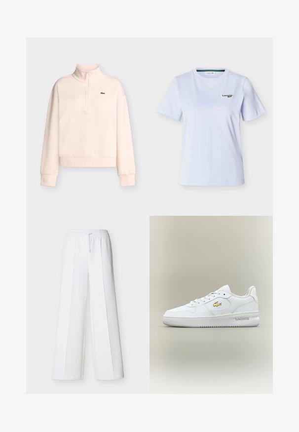 Lichtroze sweatshirt met lange mouwen, een hoge kraag met ritssluiting en een klein groen krokodillenlogo op de linkerborst.; Witte T-shirt met korte mouwen en ronde hals, met een klein groen Lacoste-logo geborduurd op de linkerborst.; Witte, wijdvallende broek met elastische tailleband en trekkoord. Gemaakt van zachte stof met verticale naden voor een op maat gemaakte uitstraling.; Witte lage Lacoste sneaker met gouden logo aan de zijkant, witte veters en rubberen zool tegen een neutrale achtergrond.