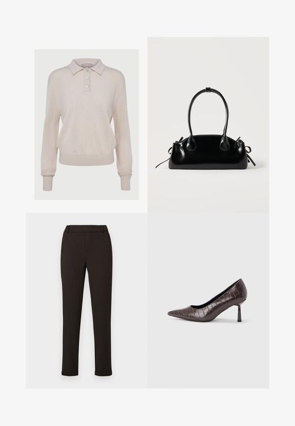 Beige strikket polo-sweater med lange ærmer, knaplukning, ribbede manchetter og kant, med en blød tekstur og afslappet pasform.; Sorte slim-fit bukser med bæltestropper og manchetter mod en ensfarvet hvid baggrund.; Brune kunstlæder stiletter med spidse tæer og krokodilletekstur, der har en slank, vinklet hæl og en glat inderside.; Lille sort blank håndtaske med to lange håndtag og snøre-detaljer i siden på en ensfarvet lys baggrund.