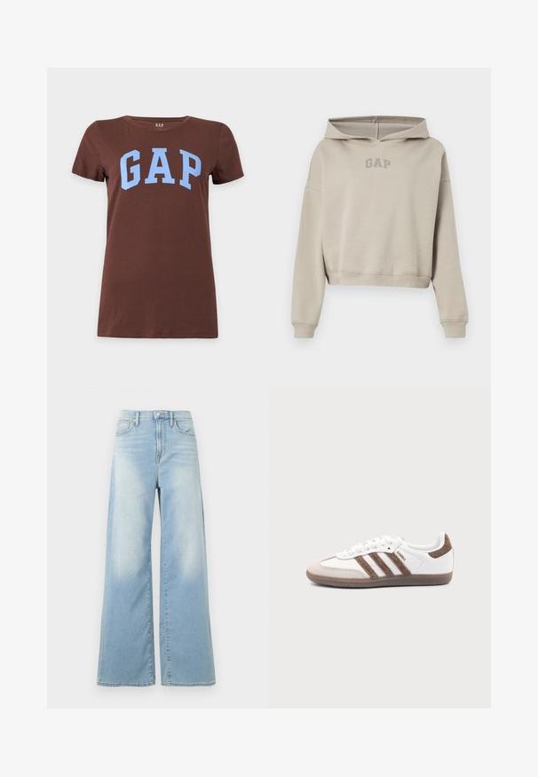 Sweat à capuche court beige à manches longues avec un logo "GAP" à l'avant, présenté sur un fond blanc.; T-shirt marron à manches courtes avec le mot GAP en grandes lettres bleu clair sur la poitrine, présenté sur un fond uni.; Jean large bleu clair à taille haute, avec boutons à l'avant et poches, présenté sur un fond blanc.; Baskets Adidas Samba blanches avec des bandes en daim marron, semelle en caoutchouc marron et bout en daim beige, vues du côté extérieur sur un fond uni.