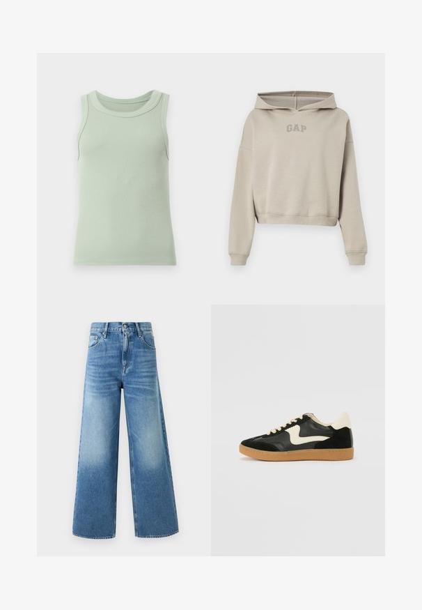Sweat à capuche court beige à manches longues avec un logo "GAP" à l'avant, présenté sur un fond blanc.; Débardeur côtelé vert clair sans manches avec un col rond, présenté sur un fond blanc uni.; Jean denim bleu taille haute avec jambes larges, bouton et fermeture éclair devant, deux poches avant et détails délavés sur les cuisses.; Baskets en daim et cuir noir avec un swoosh latéral crème et un talon crème clair. Dotées de lacets beige et d'une semelle en caoutchouc gomme.