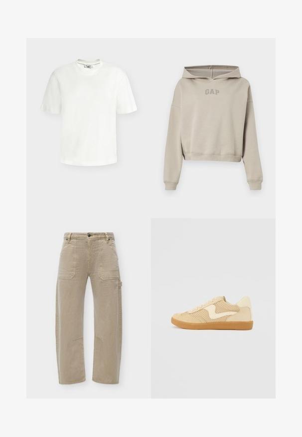 Sweat à capuche court beige à manches longues avec un logo "GAP" à l'avant, présenté sur un fond blanc.; T-shirt blanc en coton à manches courtes, col rond, avec une petite étiquette de marque au niveau de l'encolure et de la couture latérale.; Pantalon utilitaire beige à coupe droite avec poches plaquées à l’avant, une poche cargo latérale, passants de ceinture et détails cousus aux genoux.; Sneaker beige avec des matériaux en daim et en maille, forme arrondie, col rembourré proéminent et semelle en caoutchouc gomme. Présente un accent de design en forme de vague.