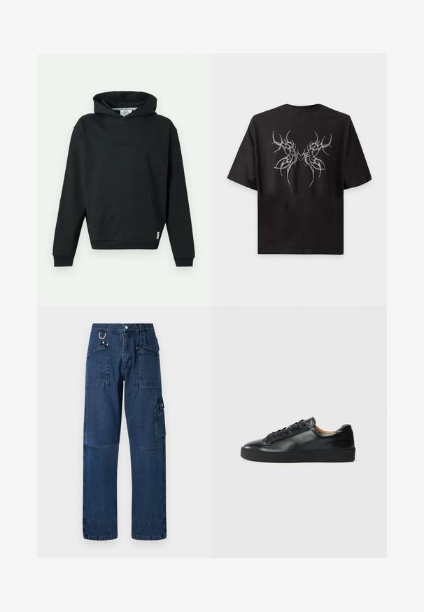 Zwarte capuchonsweater met voorvak en subtiel geborduurd "Carlo Colucci"-logo in het midden van de borst.; Zwart T-shirt met korte mouwen met grijs symmetrisch abstract tribaal ontwerp gecentreerd op de borst, dat in het midden een hart vormt.; Donkerblauwe denim cargo broek met een rechte snit, voorzien van meerdere zakken, metalen hardware en contrasterende stiksels.; Zwarte leren sneaker met een gladde textuur, ronde neus en vetersluiting. Heeft een dikke rubberen zool en minimale merkaanpassing.