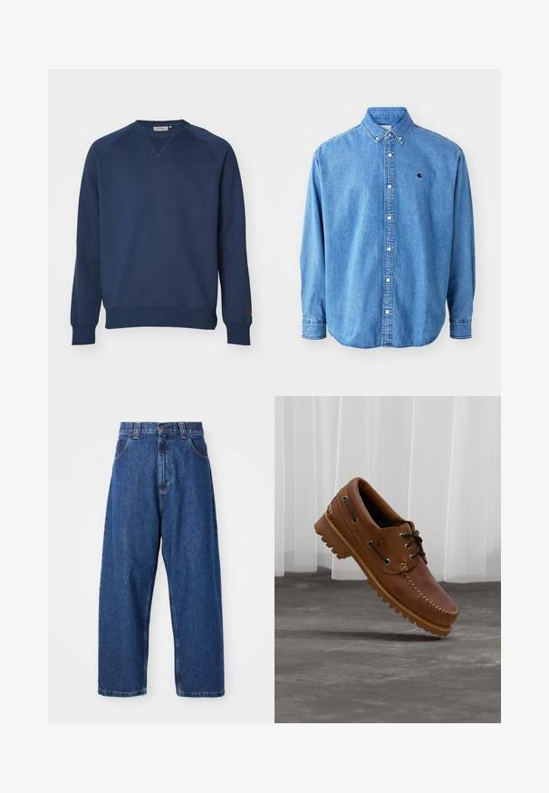 Marineblaue Sweatshirt aus Baumwolle, mit Rundhalsausschnitt, Raglanärmeln und gerippten Bündchen und Saum. Minimalistisches Design ohne sichtbare Muster.; Denim-Hemd mit Knöpfen, hellblau, mit Punktkragen, langen Ärmeln und kleinem Logo auf der Brust. Verfügt über weiße Knöpfe und genähte Nähte.; Weite Jeans aus Denim in Dunkelblau. Hohe Taille, Gürtelschlaufen und klassisches Fünf-Taschen-Design. Gestickter Saum mit sauberem Finish.; Brauner Leder-Bootsschuh mit schwarzen Schnürsenkeln, beigen Nähten und einer robusten Sohle, schwebt über einem grauen Betonboden.